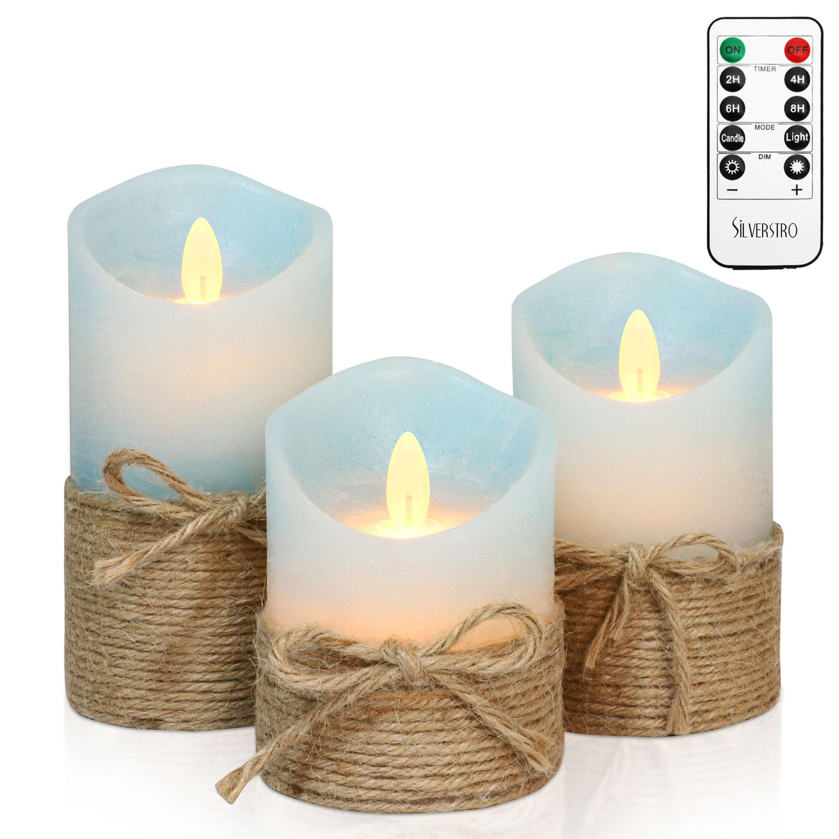Silverstro ocean blue remote candles provide flame-free glow for cozy evenings