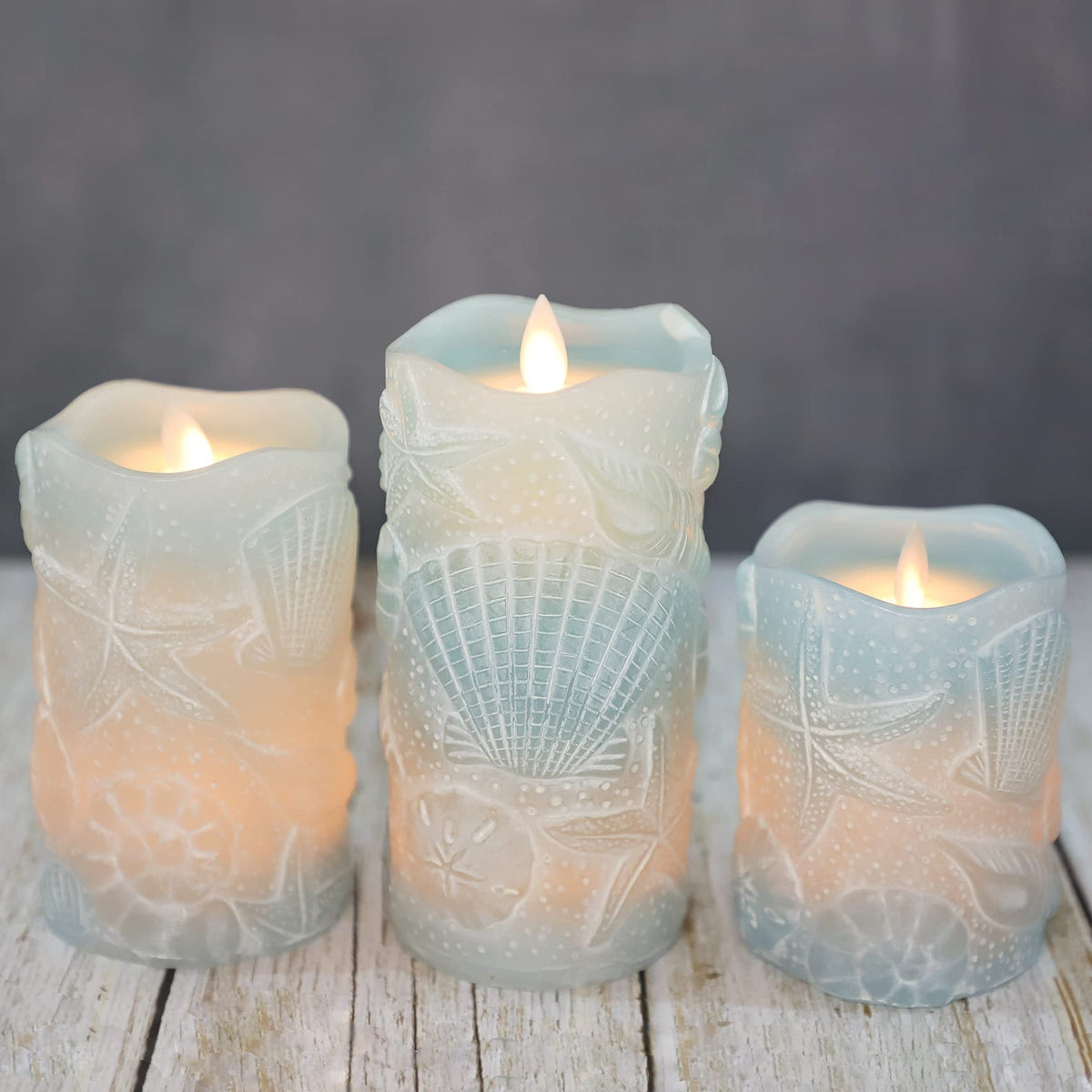 Universal remote controls multiple Silverstro candles for coordinated ocean-themed ambience