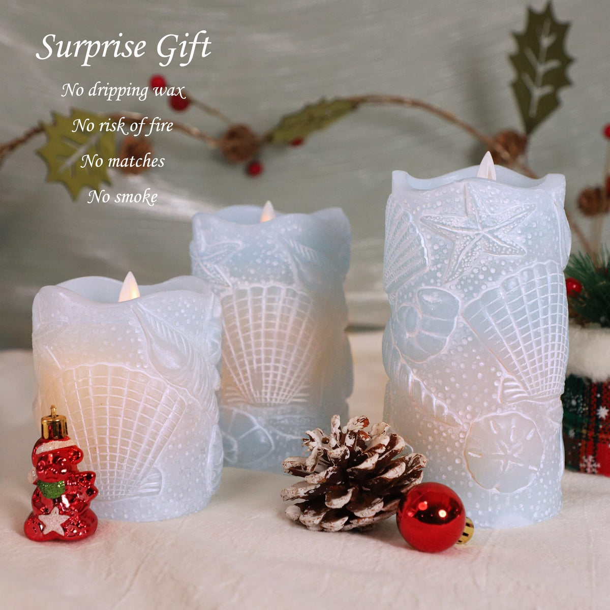 Real wax seashells flicker softly, adding warmth to holidays and gatherings