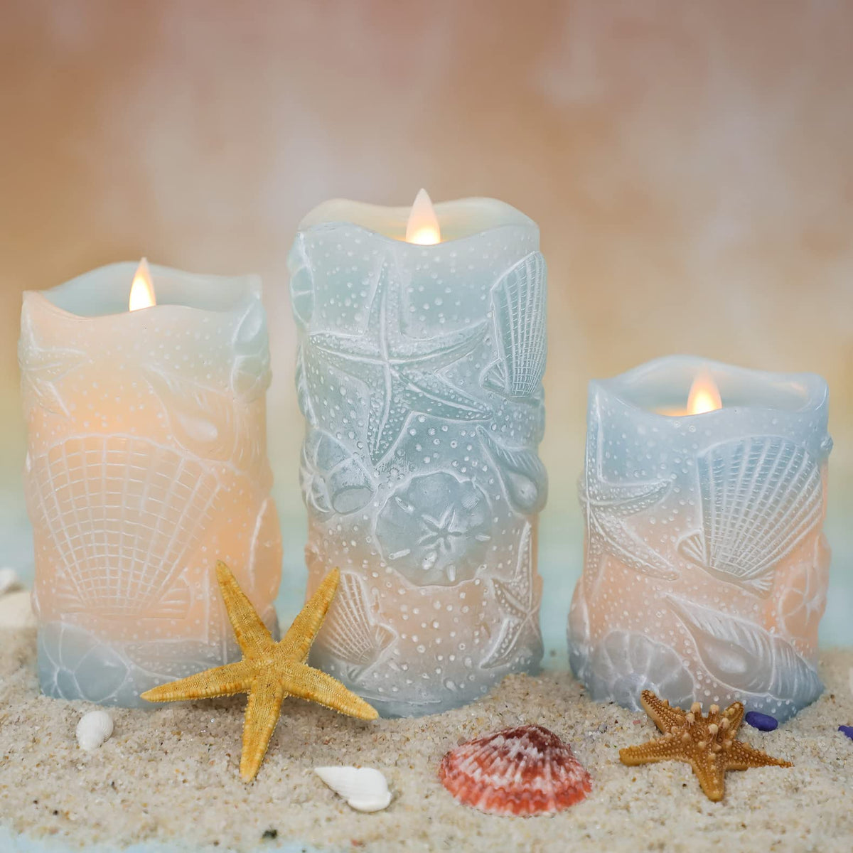 Silverstro Ocean seashell candles with remote provide a safe ambient blue glow for evenings
