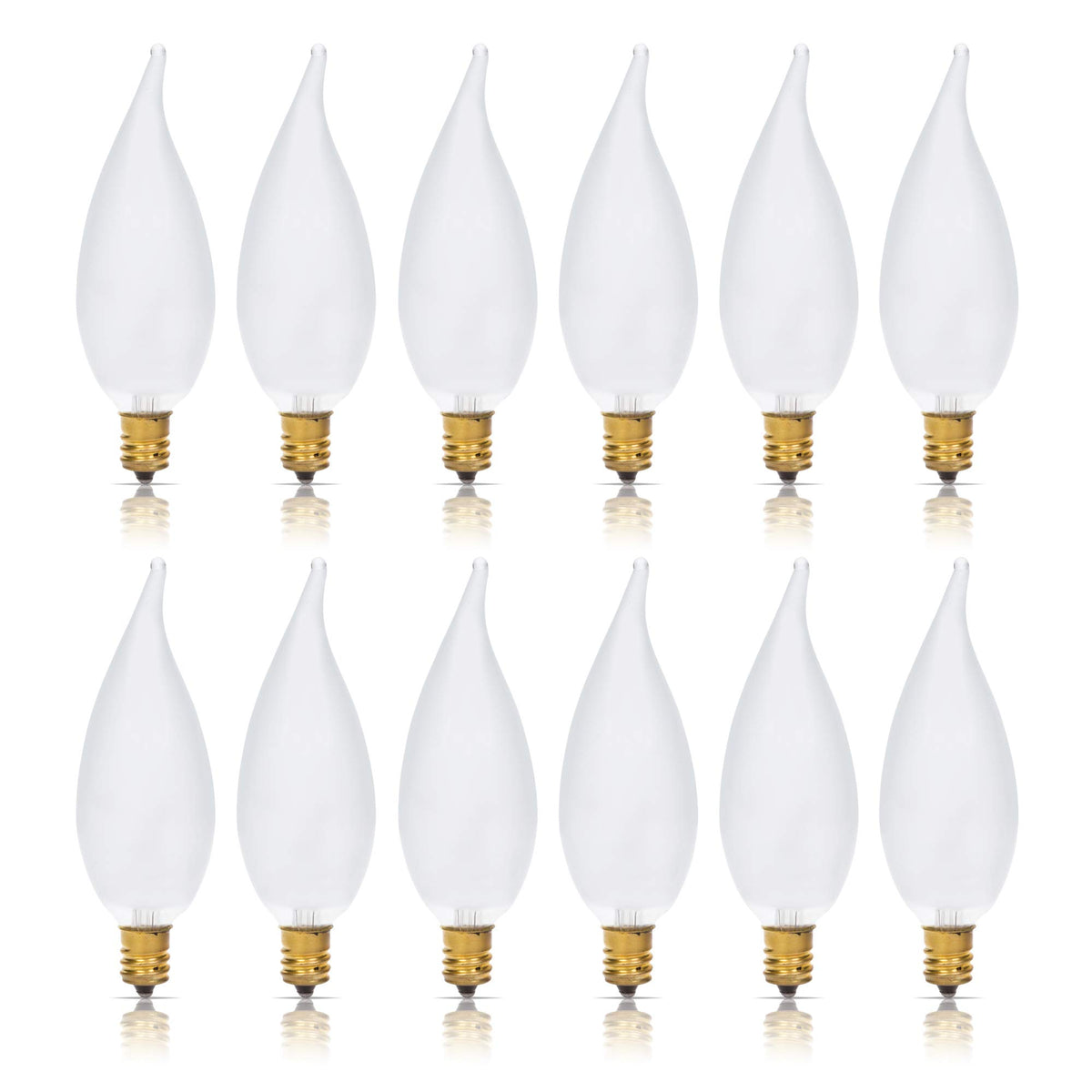 Simba Lighting candelabra flame tip bulb adding warm ambiance to chandeliers.
