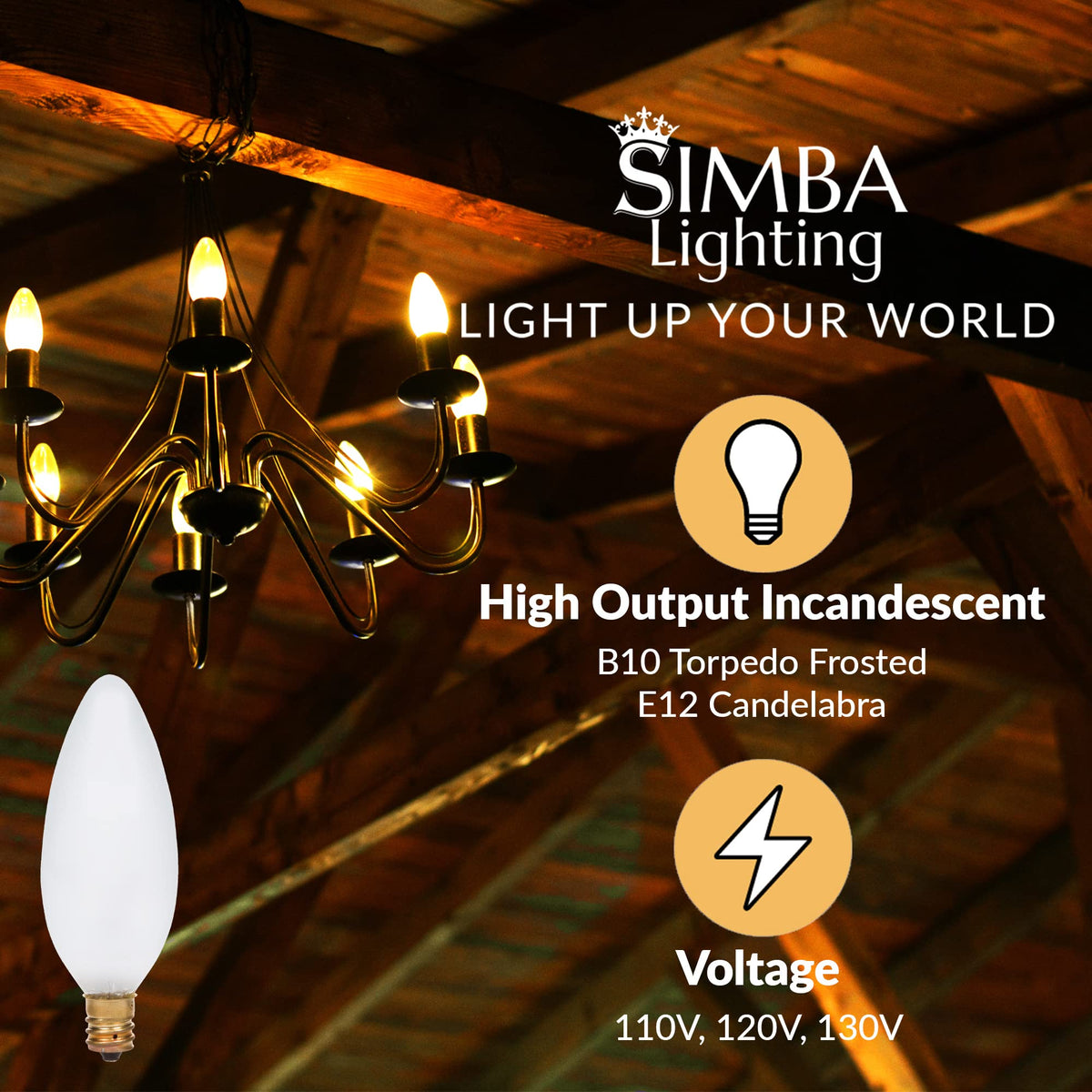 Simba Lighting torpedo candle bulb with E12 base fits standard fixtures.