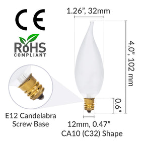 Simba Lighting E12 base bulb for chandeliers and fans.