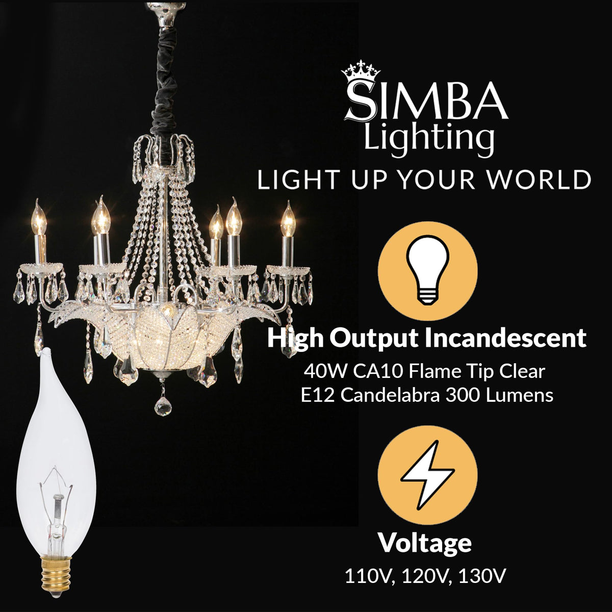 Simba Lighting flame tip bulb in wall sconce closeup with 2700K glow