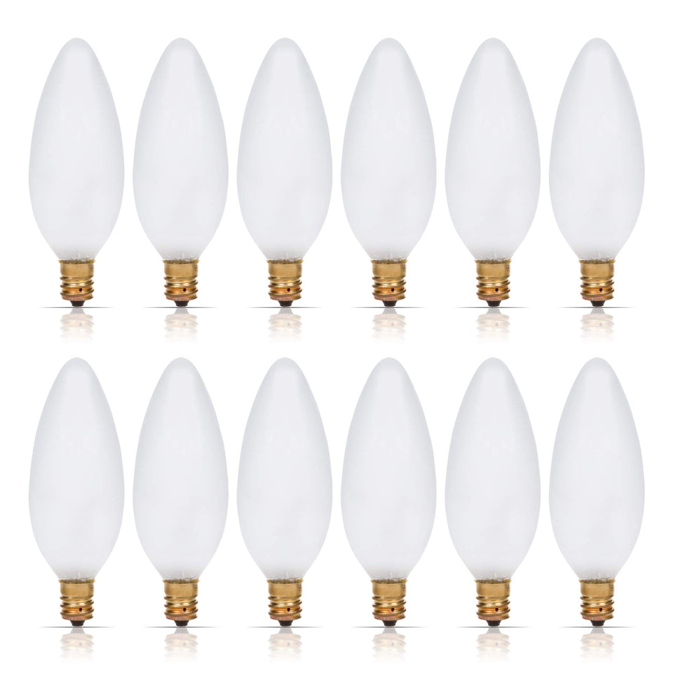 Simba Lighting torpedo frosted candle bulb for chandeliers adds warm glow.
