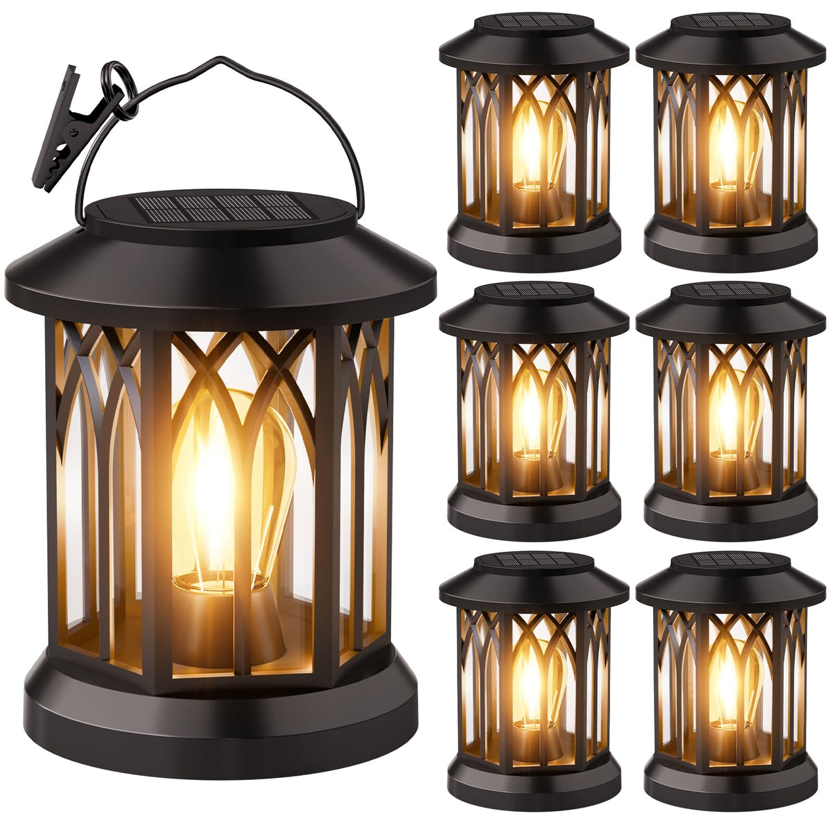 SIMLIX 6-pack solar lanterns hanging for outdoor décor and soft ambient lighting.