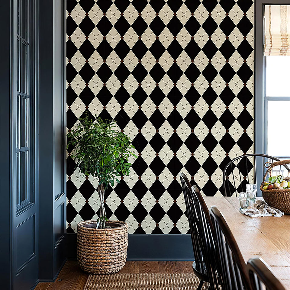 Simon&Siff retro plaid wallpaper in black and cream for bathroom elegance and durability