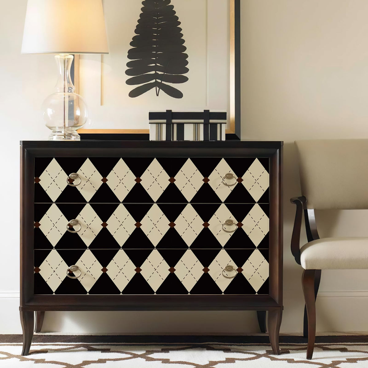 Simon&Siff plaid wallpaper on countertops for a durable stylish kitchen touch
