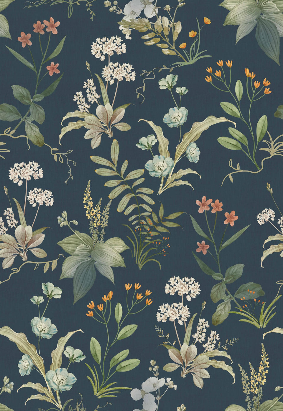 Simon&Siff vintage blue floral wallpaper with wildflowers, ideal for quick accent walls.
