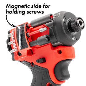 Simon Tools bit holder mounted on drill demonstrates no adhesives needed