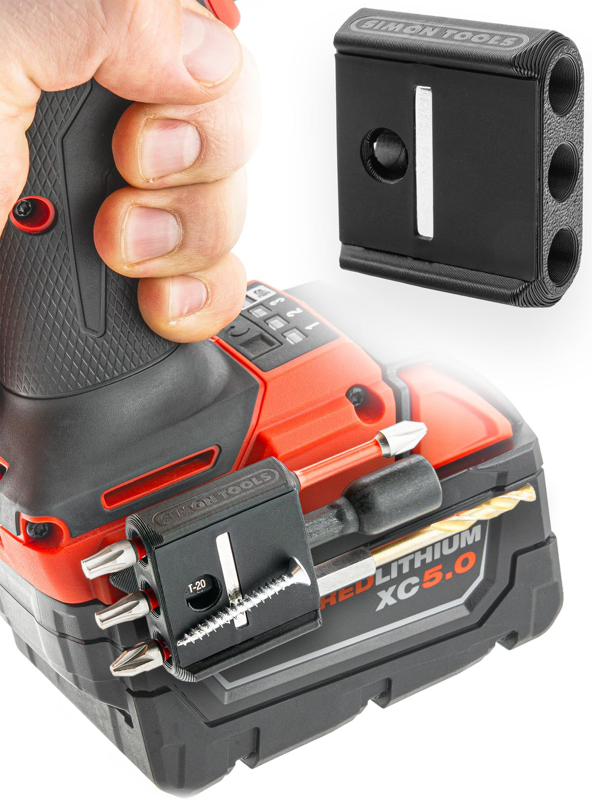 Simon Tools magnetic bit holder mounted on drill's left side for fast access.