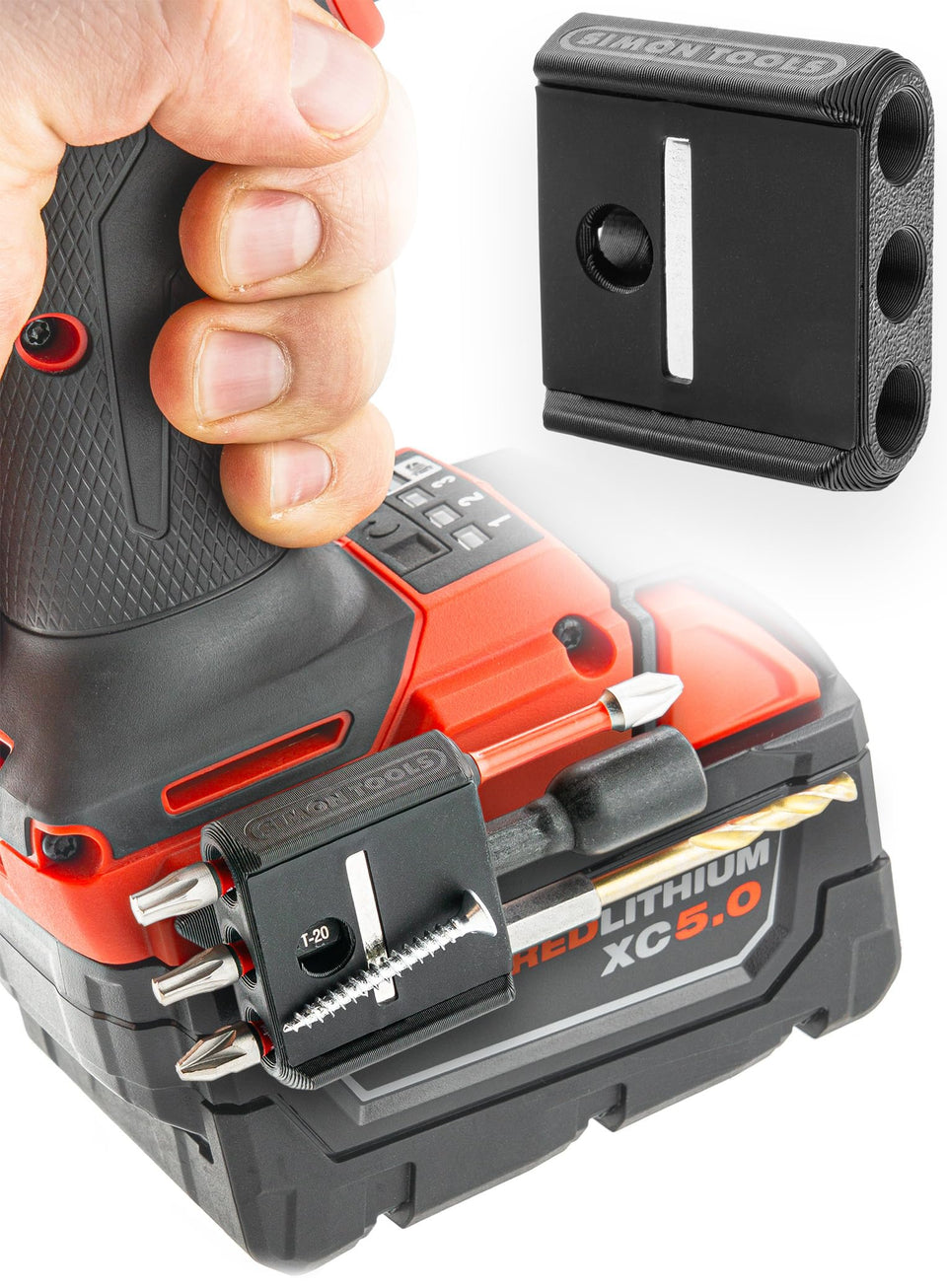 Simon Tools magnetic bit holder mounted on drill's left side for fast access.
