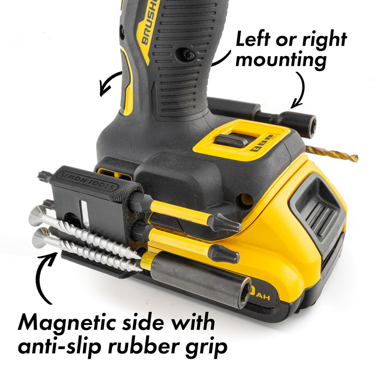 Simon Tools magnetic bit holder mounted on drill's right side for balanced access.