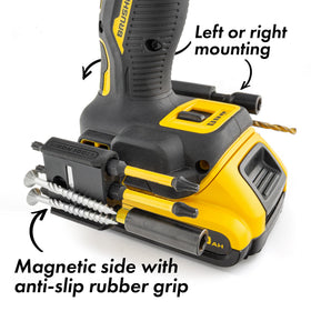 Simon Tools magnetic bit holder mounted on drill's right side for balanced access.
