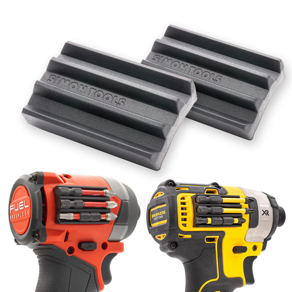 Simon Tools magnetic bit holder on drill body keeps bits within reach for quick access.