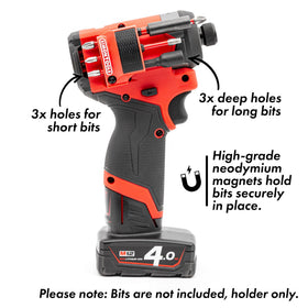 Simon Tools magnetic bit holder shows side screws held during work for efficiency.