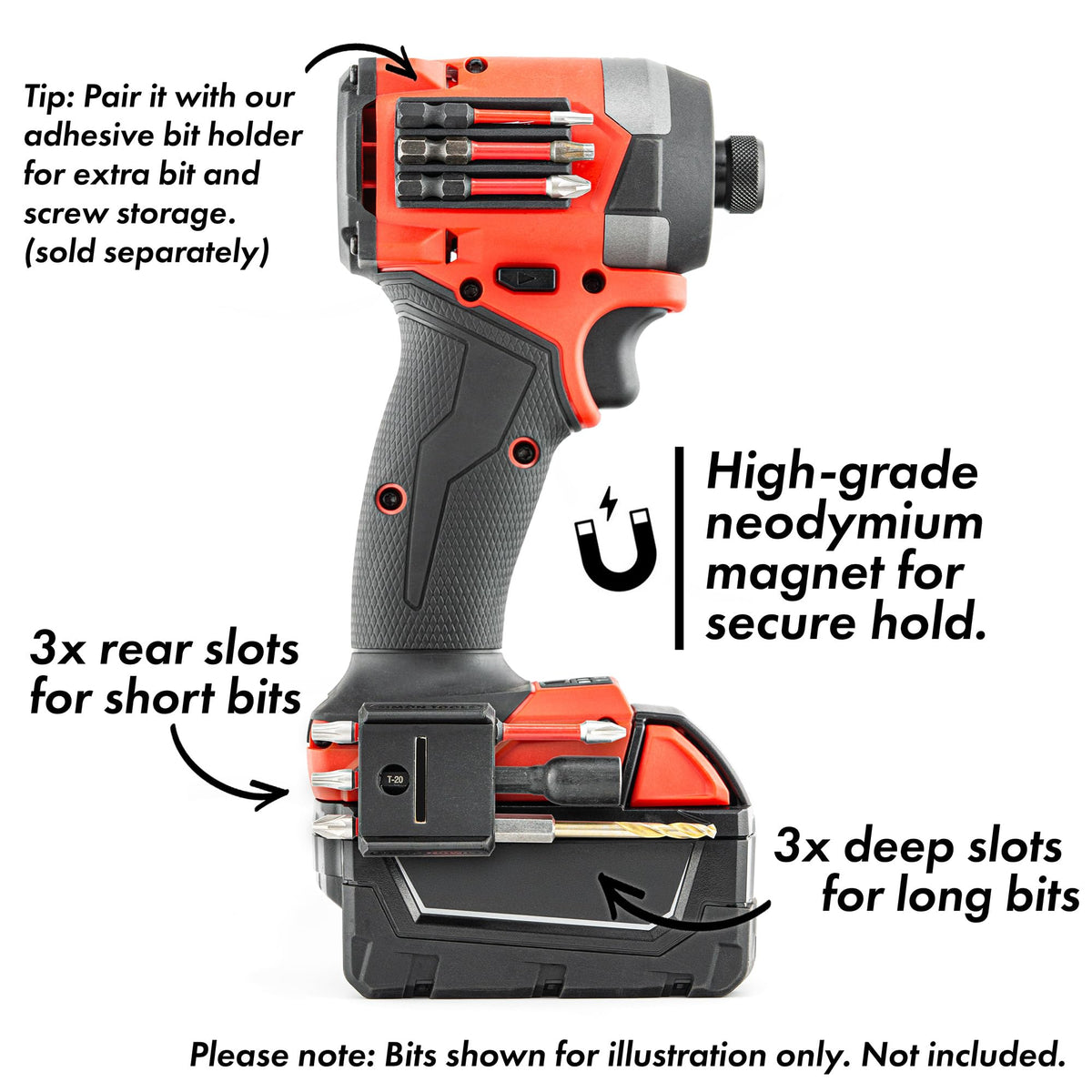 Simon Tools magnetic bit holder with magnetic side storage for screws and bits.