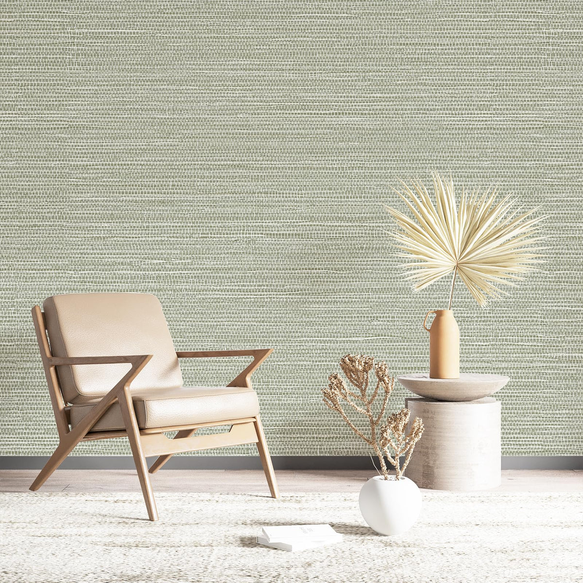 Simon&Siff grasscloth wallpaper wall application demonstrates easy peel-and-stick installation on smooth surfaces