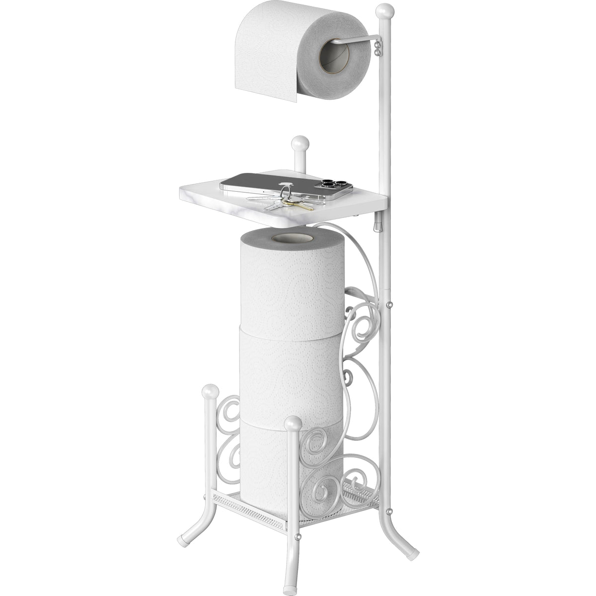Simple Houseware marble toilet tissue stand with shelf, front view for easy roll access.