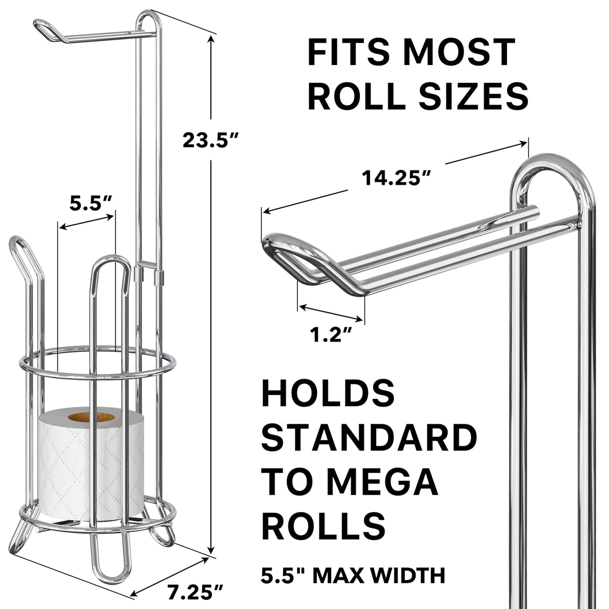 Simple Houseware tissue stand with arched design keeps rolls secure and accessible.