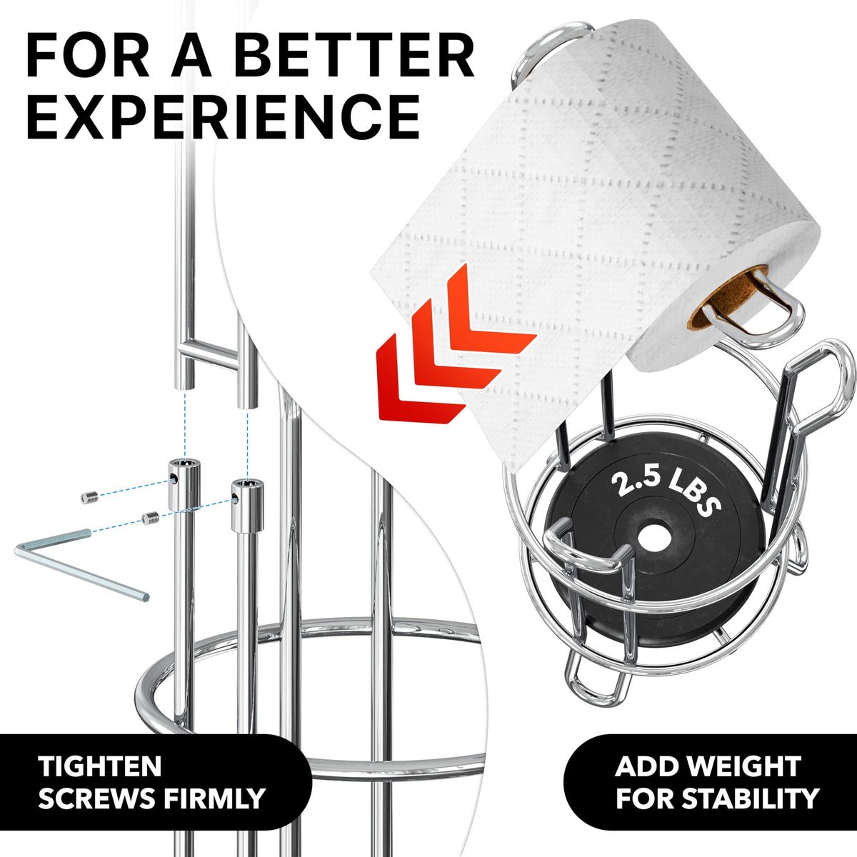 Multi-roll capacity holds four toilet paper rolls for backups.
