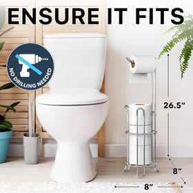 Raised-base chrome stand elevates tissue rolls to protect them from moisture.