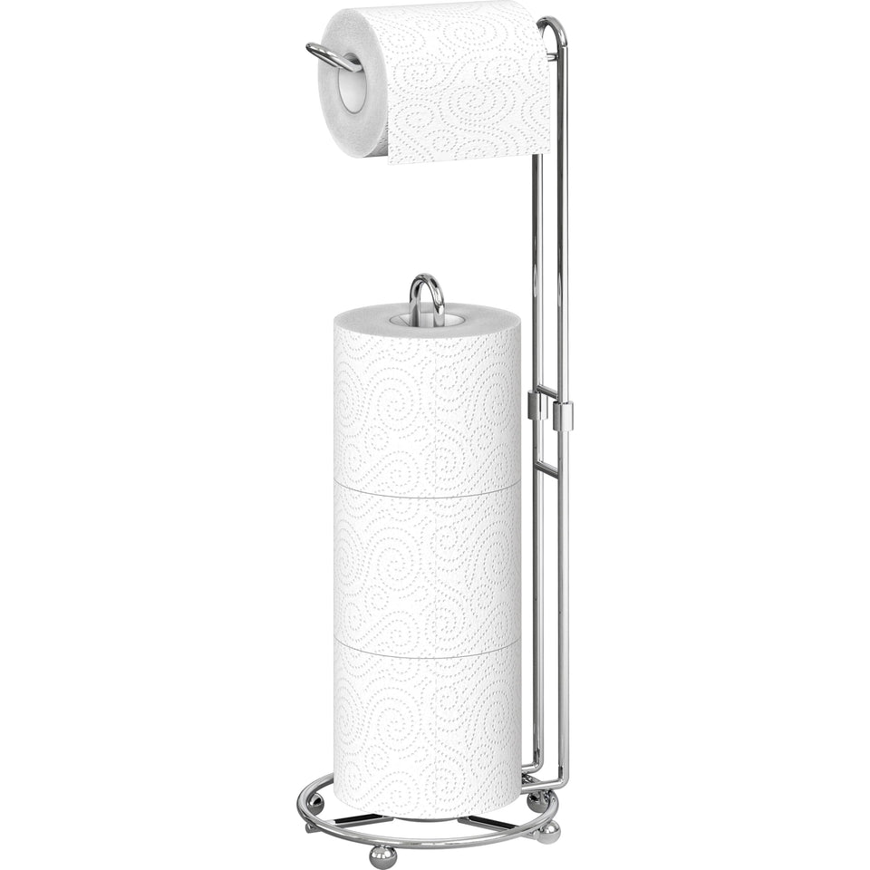 Simple Houseware freestanding chrome toilet paper holder for versatile bathroom placement.