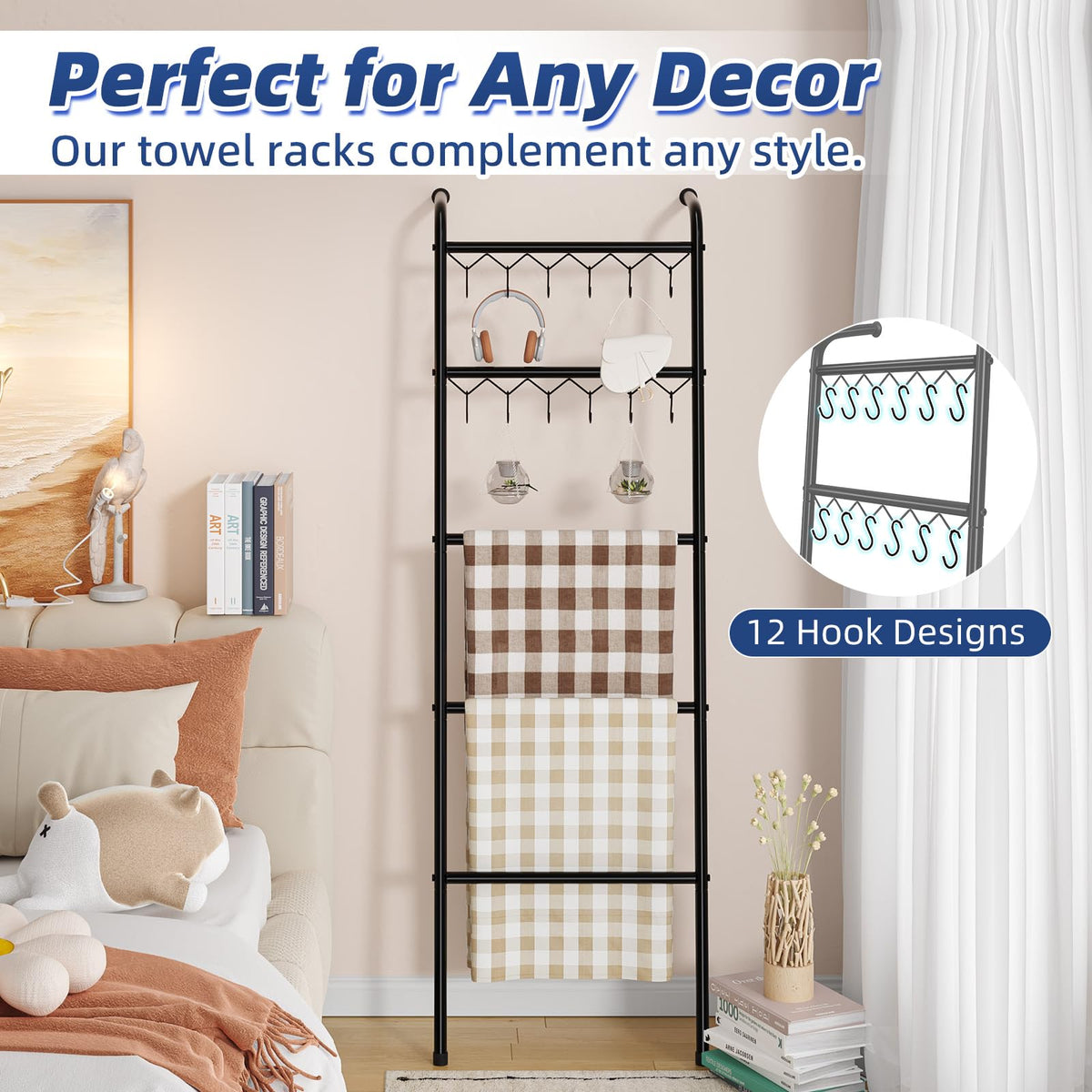 Simple Trending blanket ladder 12-hooks keeps towels and scarves accessible.