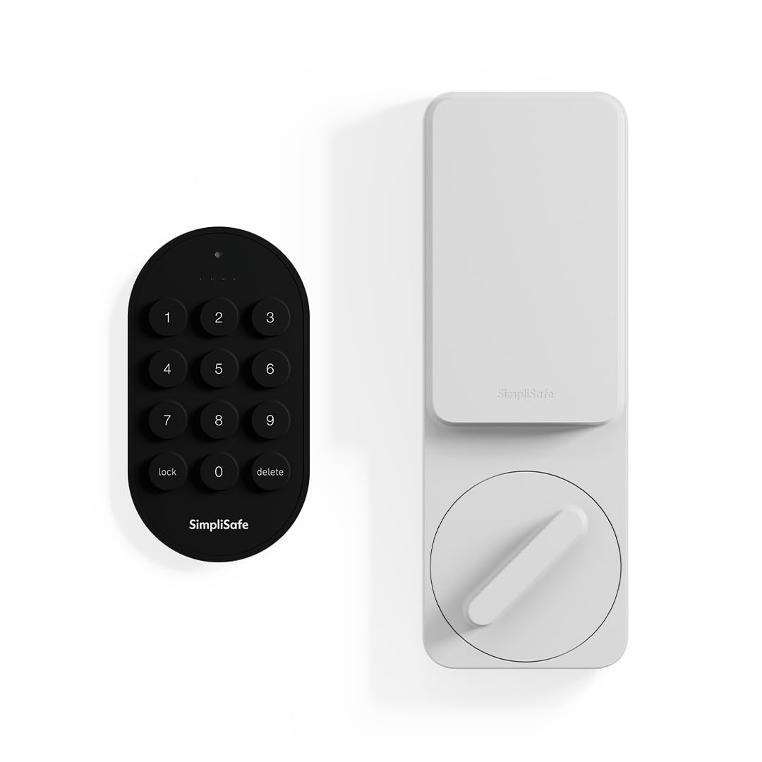 Front view of SimpliSafe Smart Lock Series 2 (White) securing the door for keyless entry.