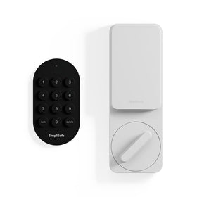 Front view of SimpliSafe Smart Lock Series 2 (White) securing the door for keyless entry.