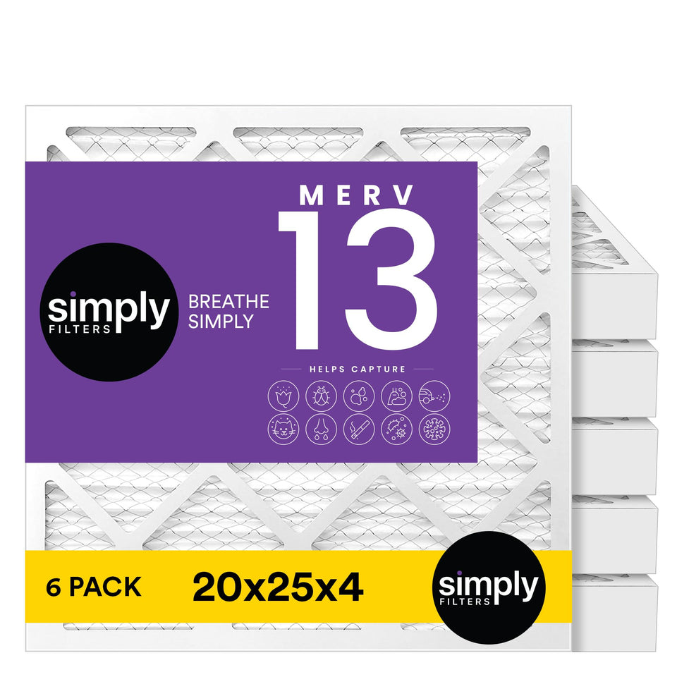 Simply 20x25x4 air filter packaging shows a six-pack for easy replacement.