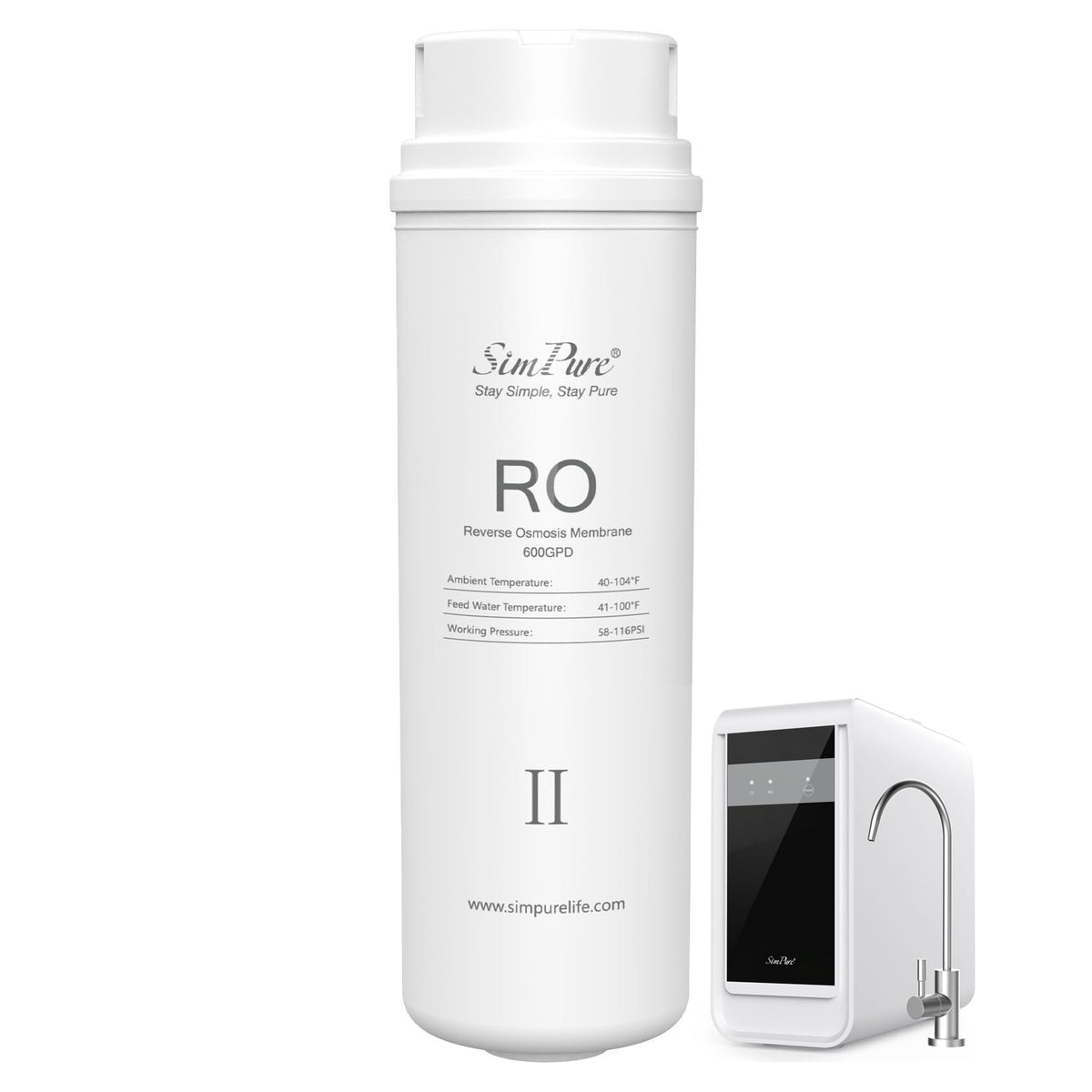 SimPure Q3-600 filter replacement side view showing compact cartridge design for under-sink use