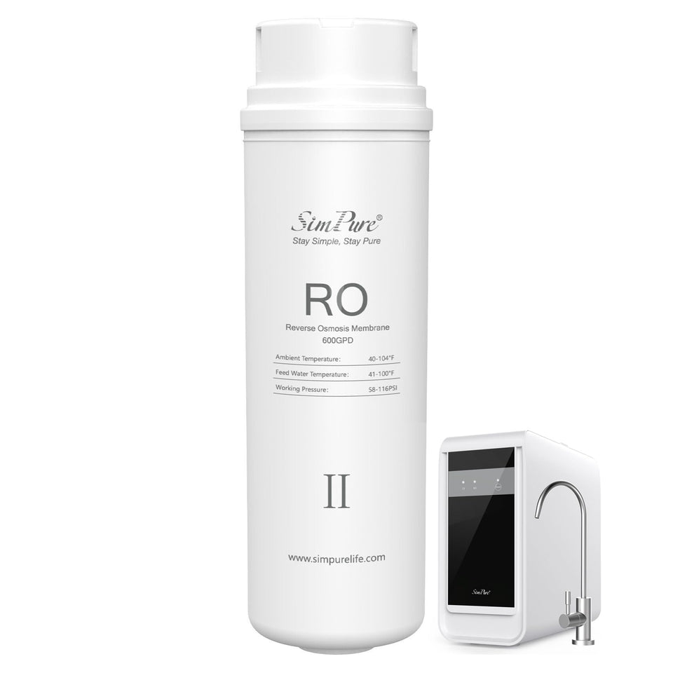 SimPure Q3-600 filter replacement side view showing compact cartridge design for under-sink use
