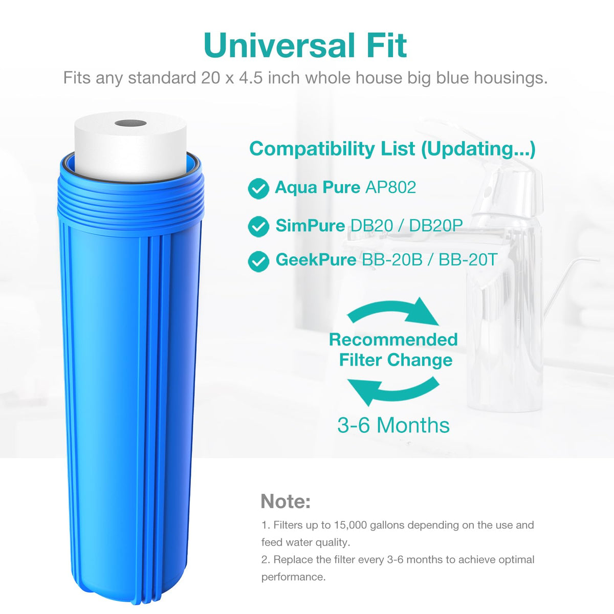 SimpPure sediment filter 5-micron 20x4.5 fits common 20-inch housings.