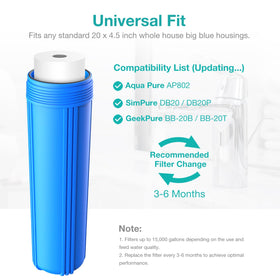 SimpPure sediment filter 5-micron 20x4.5 fits common 20-inch housings.