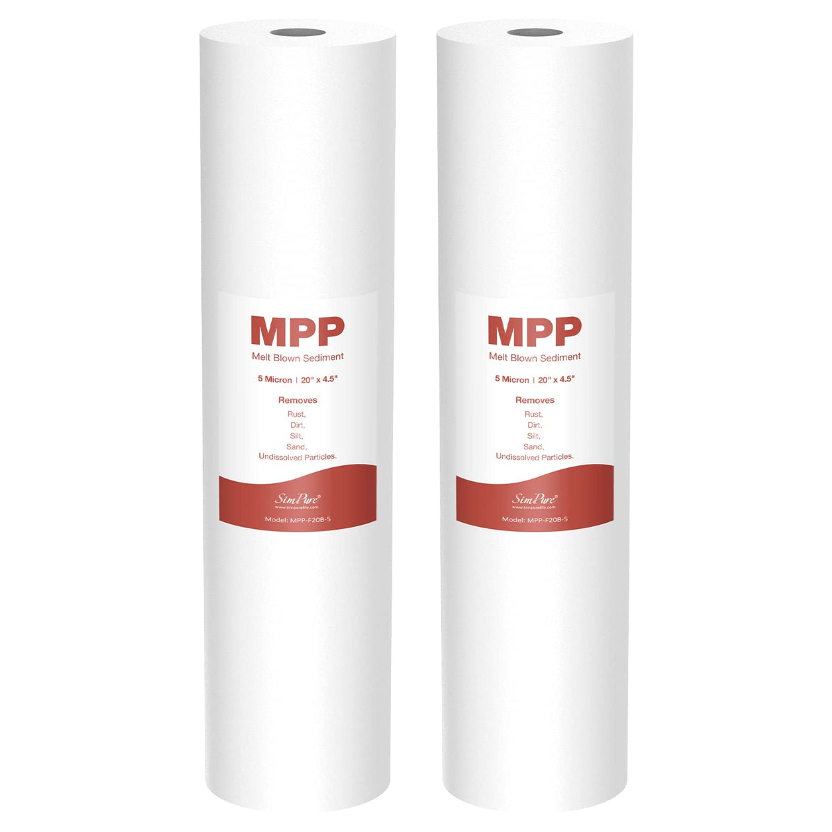 SimpPure sediment filter 5-micron 20x4.5 view highlights compact design for home use.