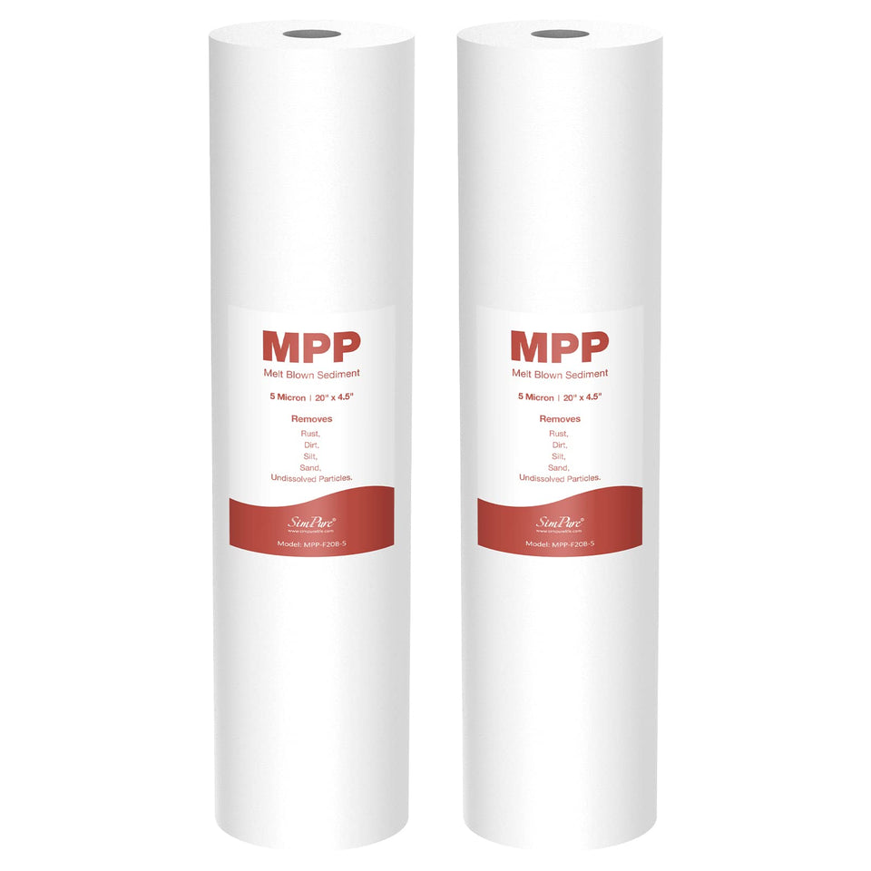 SimpPure sediment filter 5-micron 20x4.5 view highlights compact design for home use.