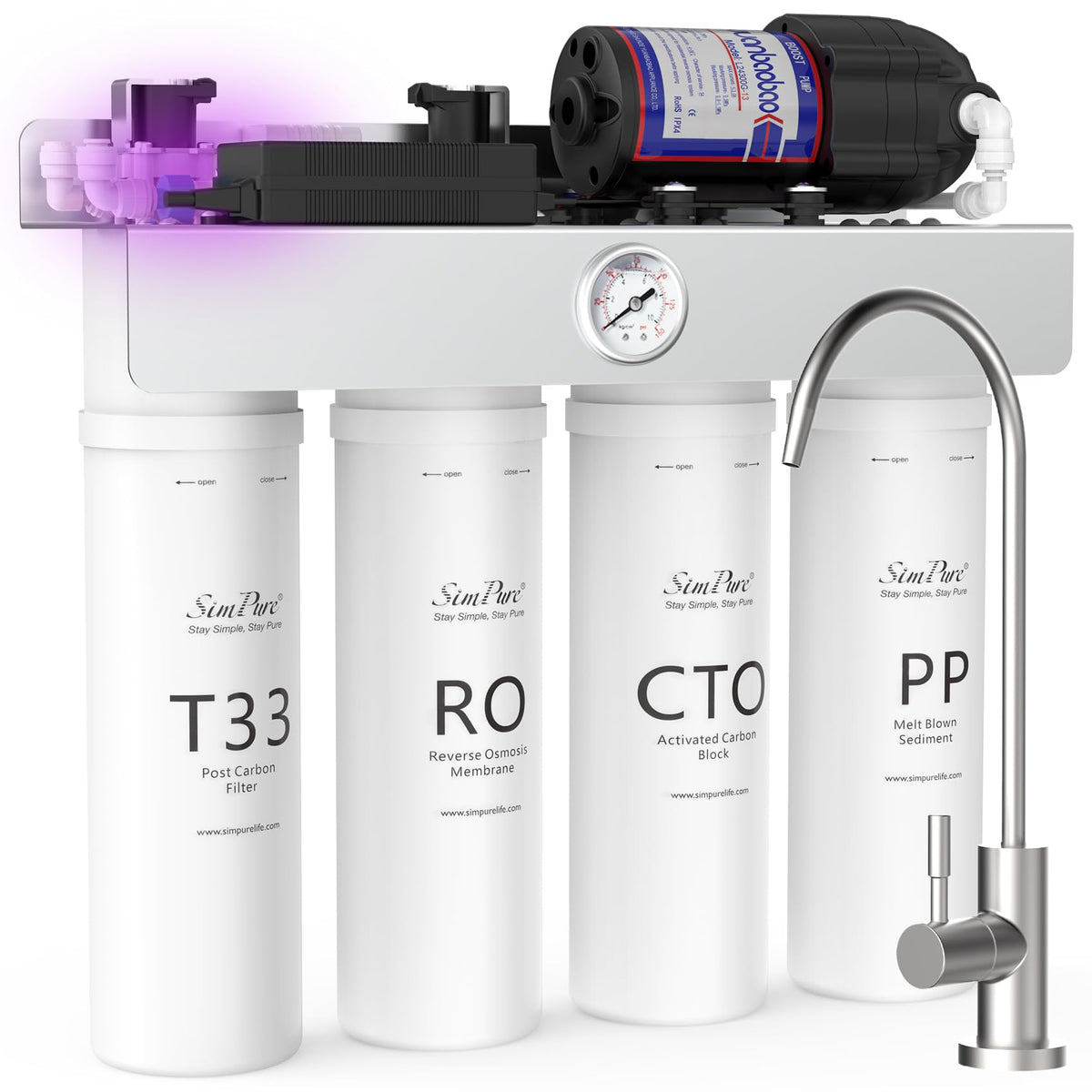 SimPure T1-400UV tankless RO system under sink for space-saving filtration.