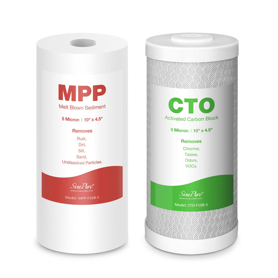 SimPure whole-house filter set assembly reduces sediment and chlorine taste for clearer water.