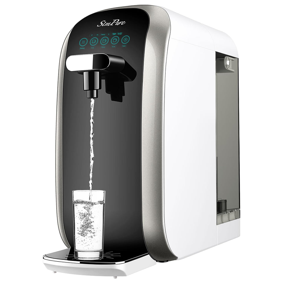 SimPure Y7P-BW front view showing compact countertop purifier for instant purified water.