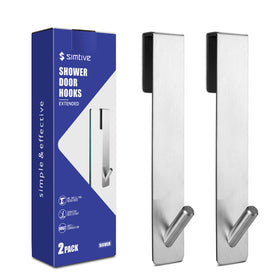 Simtive extended 7-inch over-door hook in use on frameless glass, saving shower space