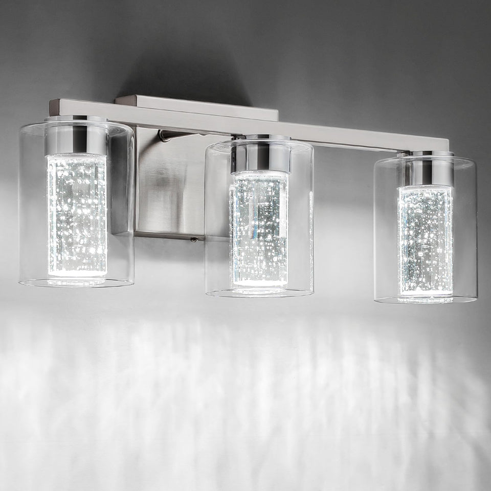 SineRise brushed nickel vanity light front view with three lights for clear mirror tasks