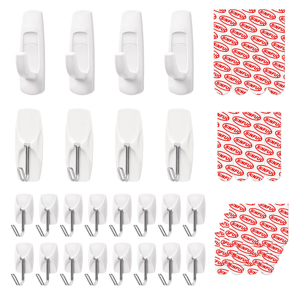 Sinfuo 24-hooks variety pack shown for versatile wall storage.