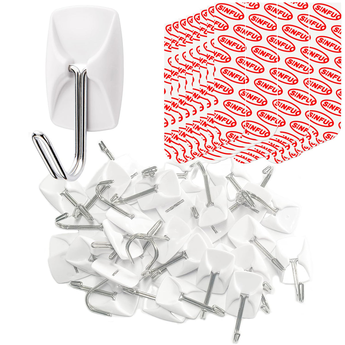 Sinfuo wall hook system with 32 hooks and adhesive strips for tidy storage.