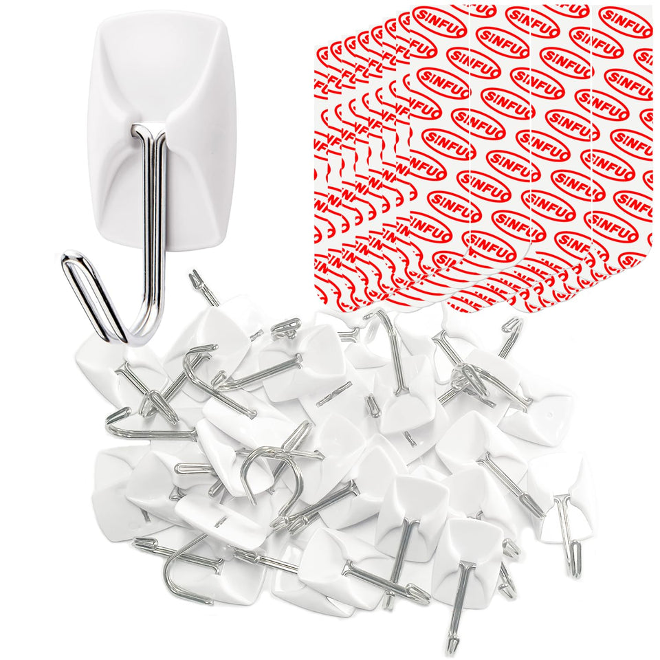 Sinfuo wall hook system with 32 hooks and adhesive strips for tidy storage.