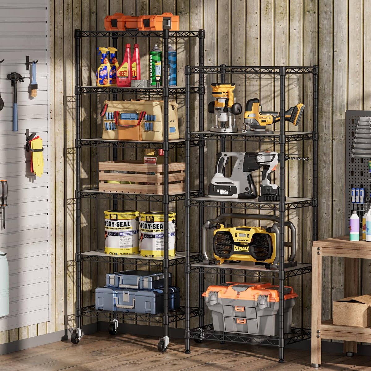 SINGAYE adjustable-height shelves shown with customizable spacing for tall bottles.
