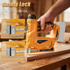SINGTIP cordless nailer shown beside wooden furniture frame for quick assembly.