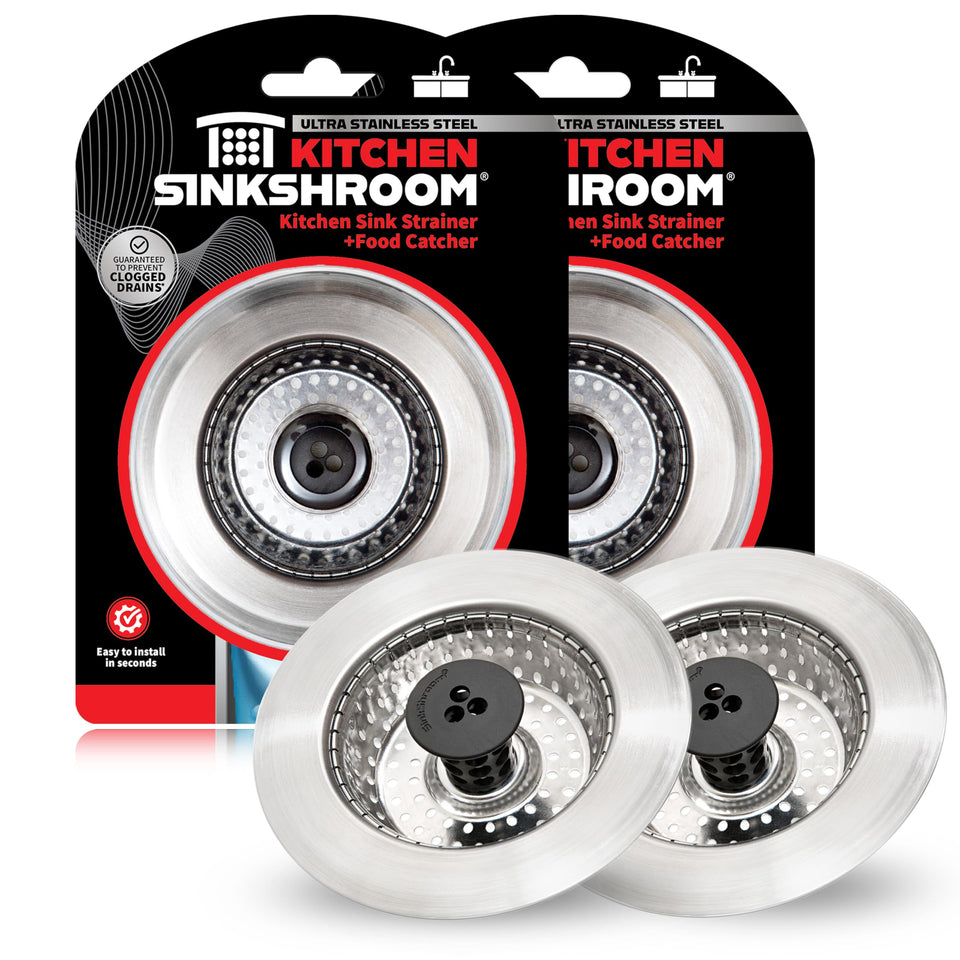 SinkShroom 2-pack front view shows a compact, clog-free kitchen solution