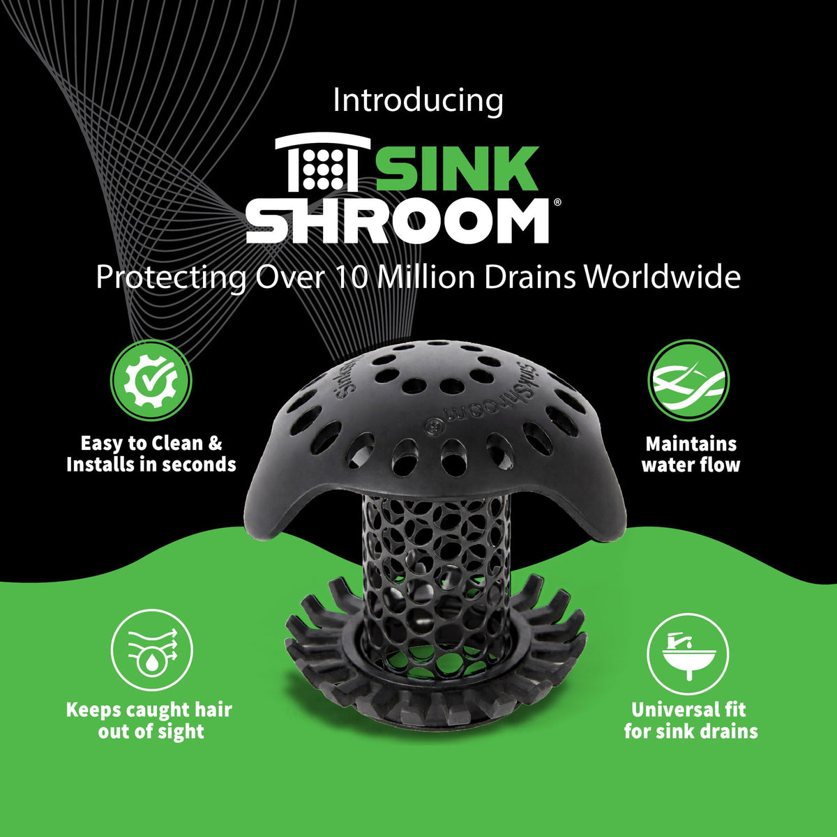 SinkShroom Ultra with adapters demonstrates universal fit for various drain sizes.