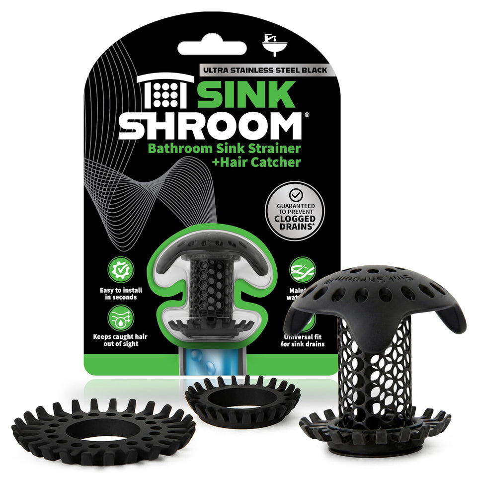SinkShroom Ultra installed inside the drain, catching hair to help prevent clogs.